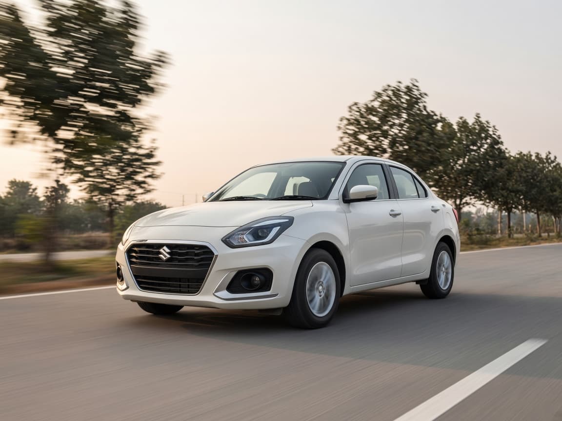 White Maruti Suzuki Swift Dzire driving on a highway