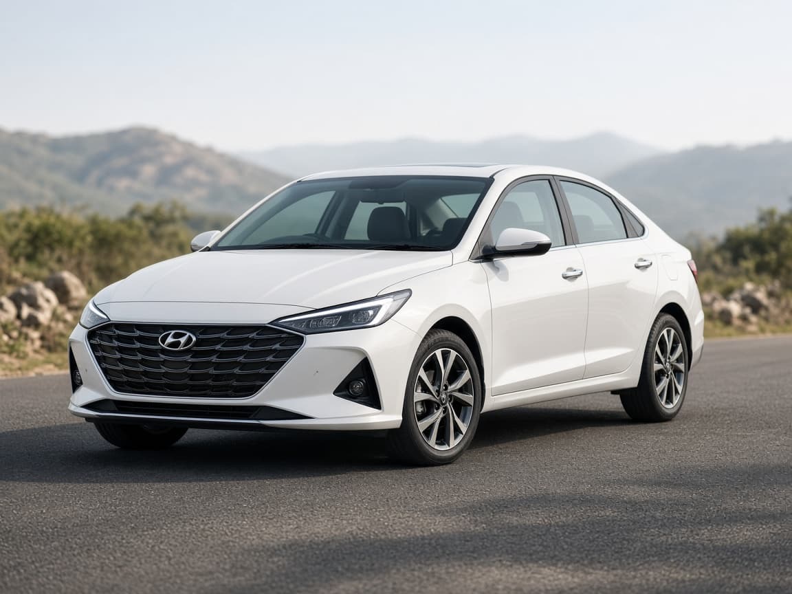 White Hyundai Verna parked on a road
